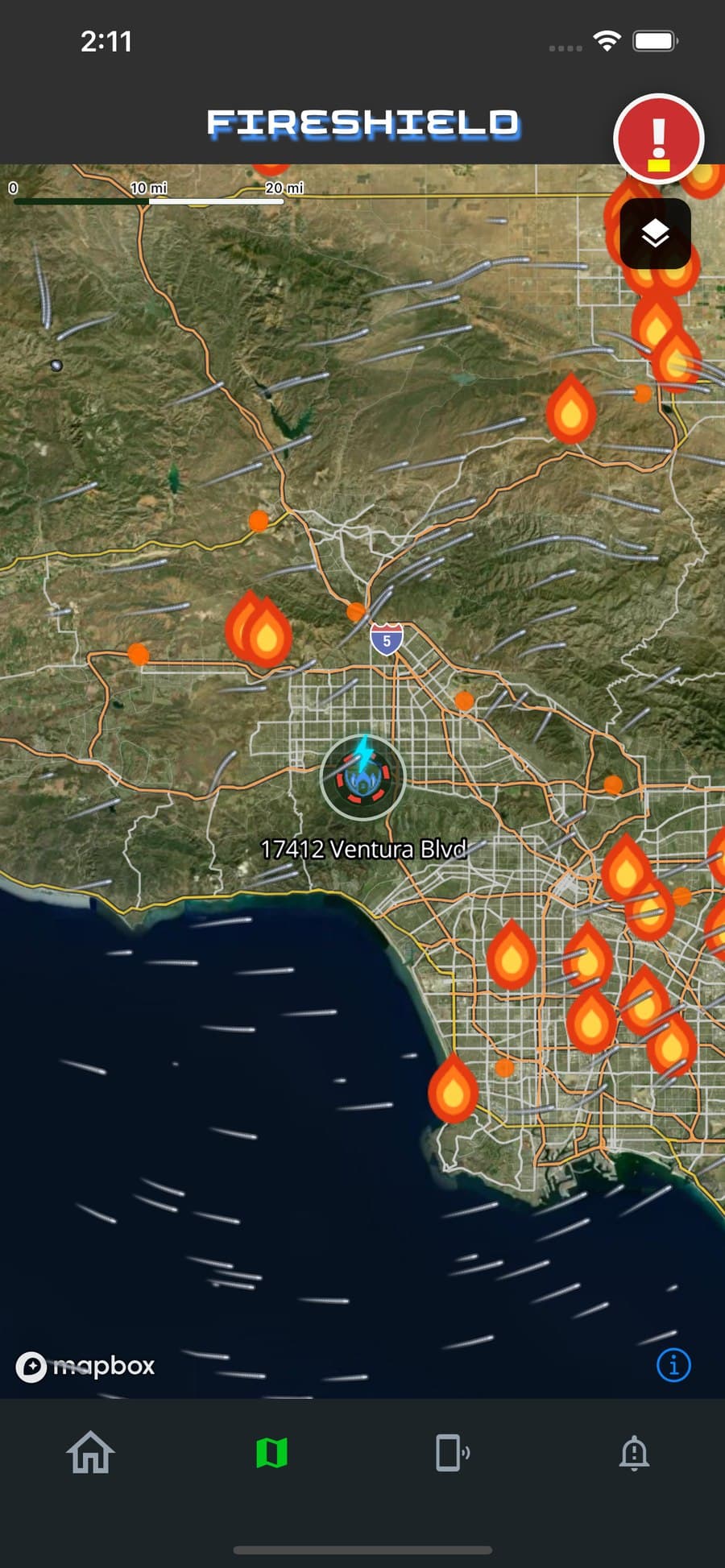 FireShield app fire map showing many separate fires around Los Angeles, each one tracked individually