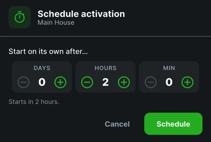 FireShield app: schedule activation to start on its own in 2 hours