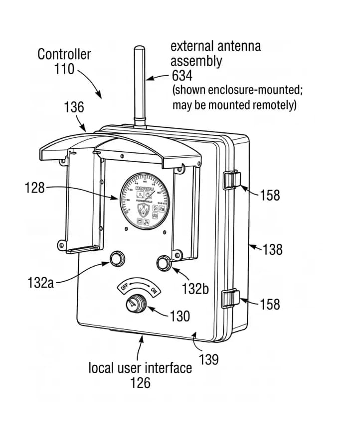 Drawing of the FireShield controller from the FireShield patent, each part numbered