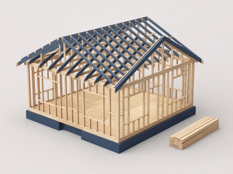 Render of a house under construction showing timber wall framing and exposed roof trusses