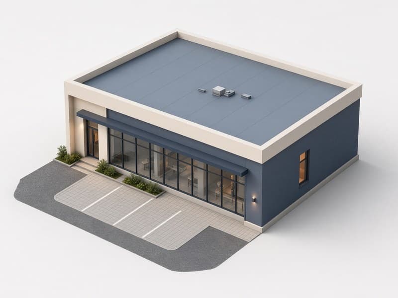 Render of a single-story commercial building with a flat roof, glass frontage and parking apron