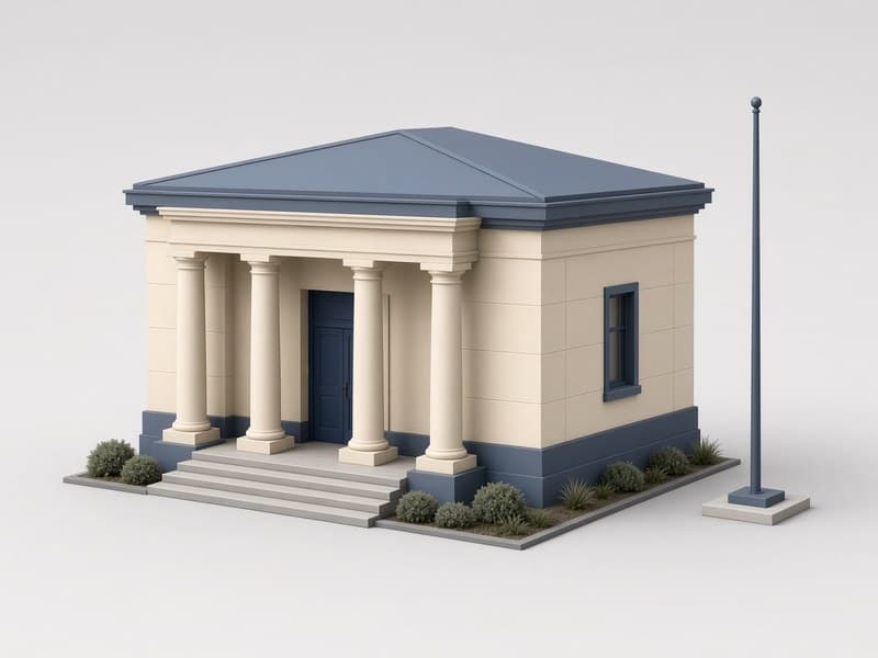 Render of a small civic building with a columned portico and a flagpole