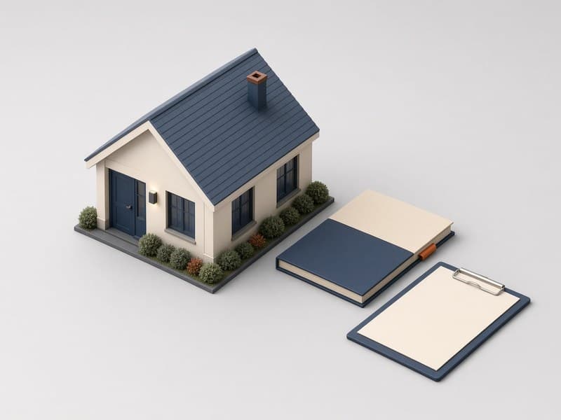 Render of a house beside a closed document folder and a clipboard, as in an assessment under review