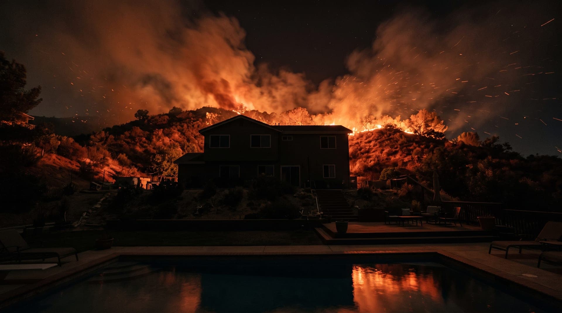 A dark hillside house with every window unlit during a power shutoff, a wildfire burning on the ridge behind it and the backyard pool reflecting the glow