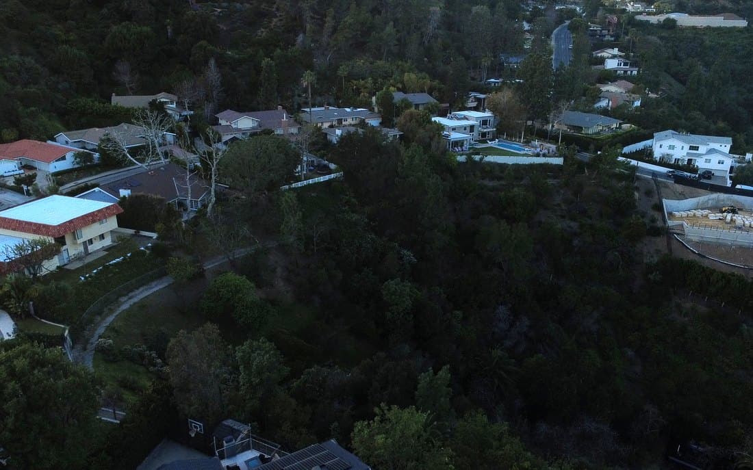 Aerial view of dense chaparral and canyon vegetation running right up to hillside houses