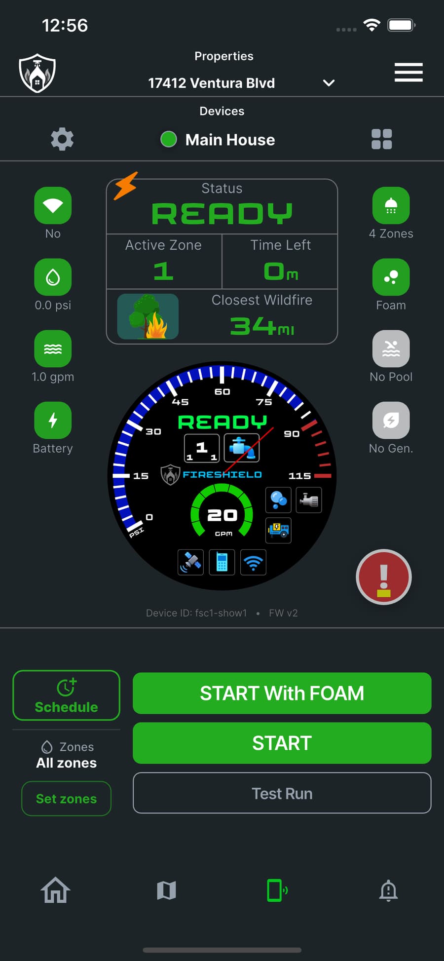 FireShield app device screen showing status READY, the indicators, and the start buttons