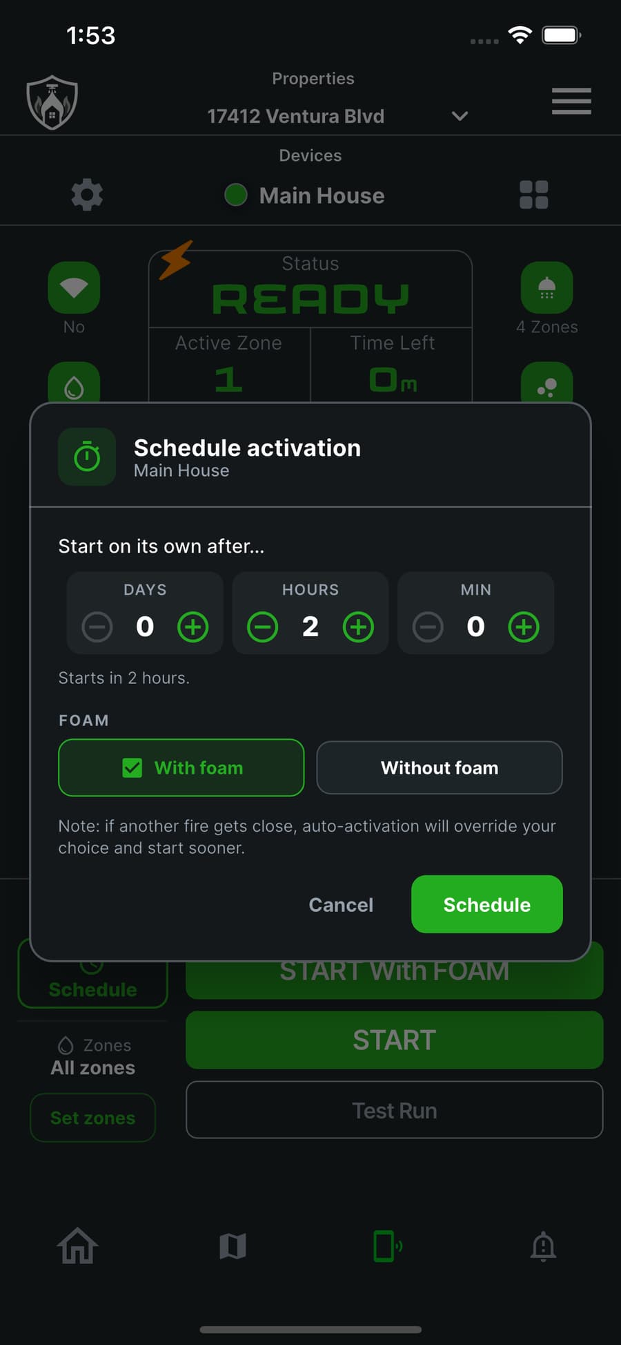 FireShield app dialog for scheduling an activation with day, hour and minute steppers and a foam choice