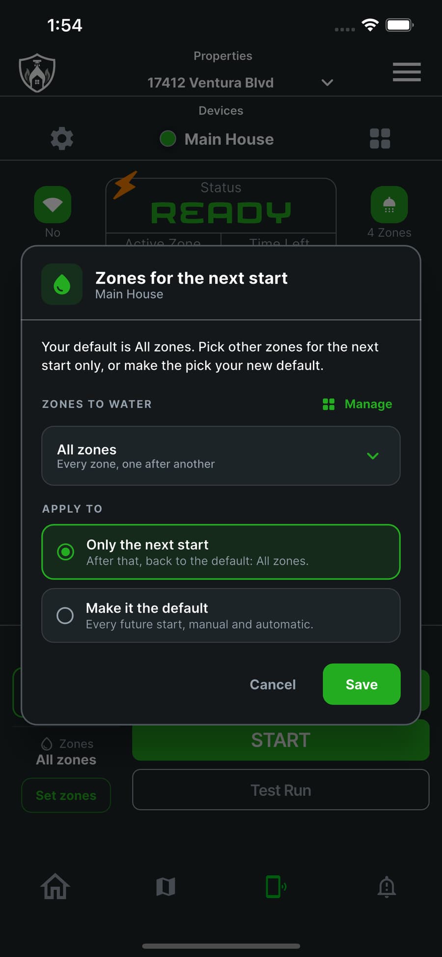 FireShield app dialog for choosing which zones to water on the next start, with options to apply once or make it the default