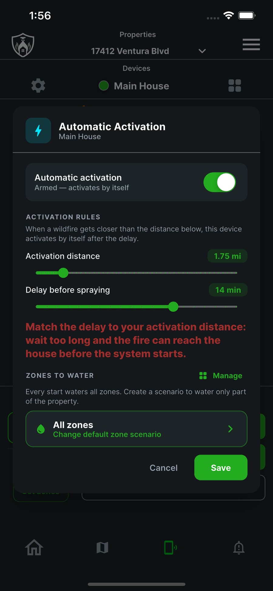 FireShield app automatic activation settings with an activation distance slider at 1.75 miles and a delay before spraying slider at 14 minutes