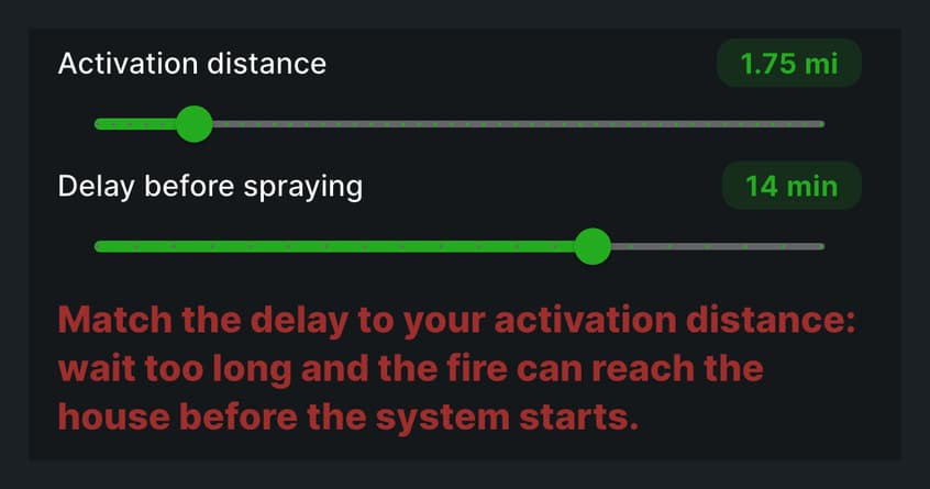 The two sliders from the automatic activation screen: activation distance at 1.75 miles, delay before spraying at 14 minutes, and the red warning underneath them