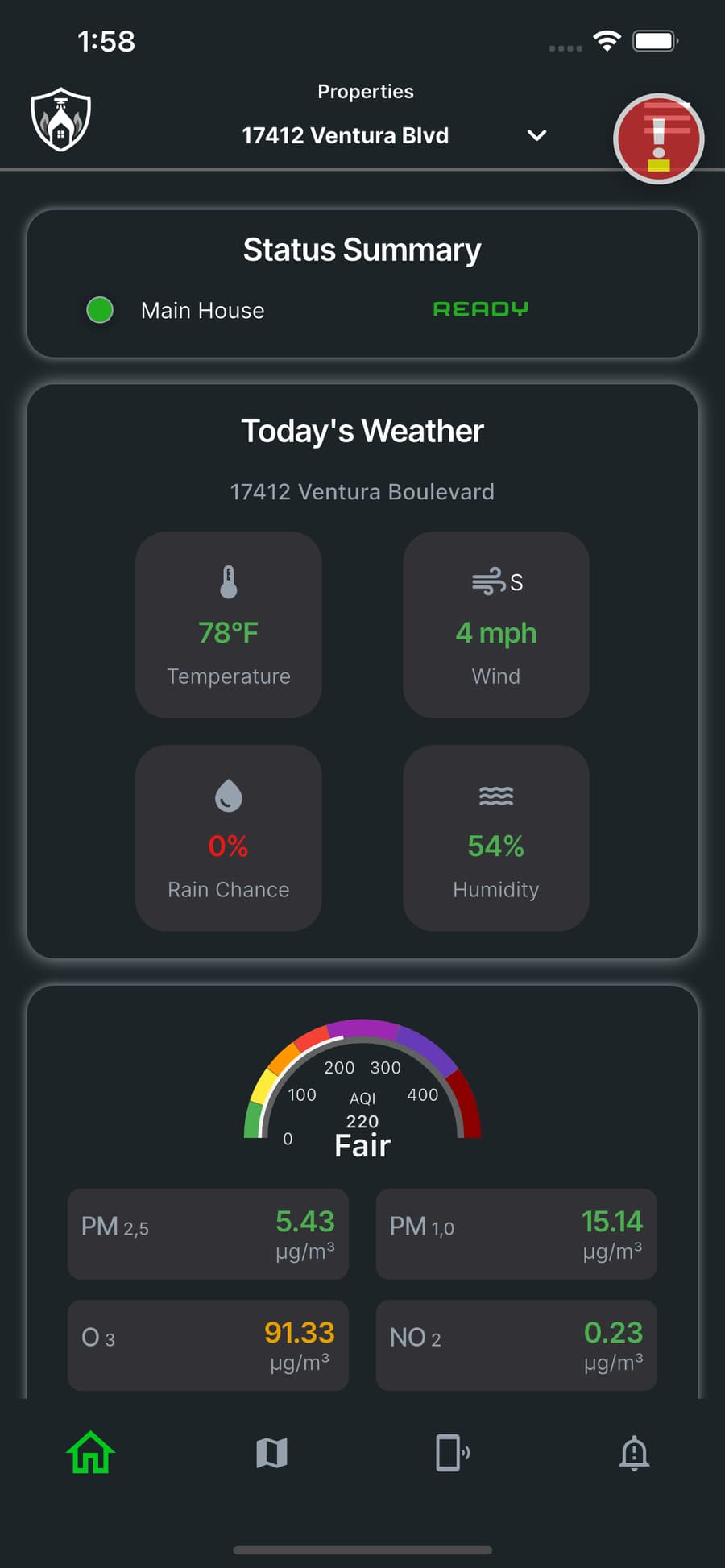 FireShield app home screen showing the status summary with Main House READY, today's weather, and an air quality index dial