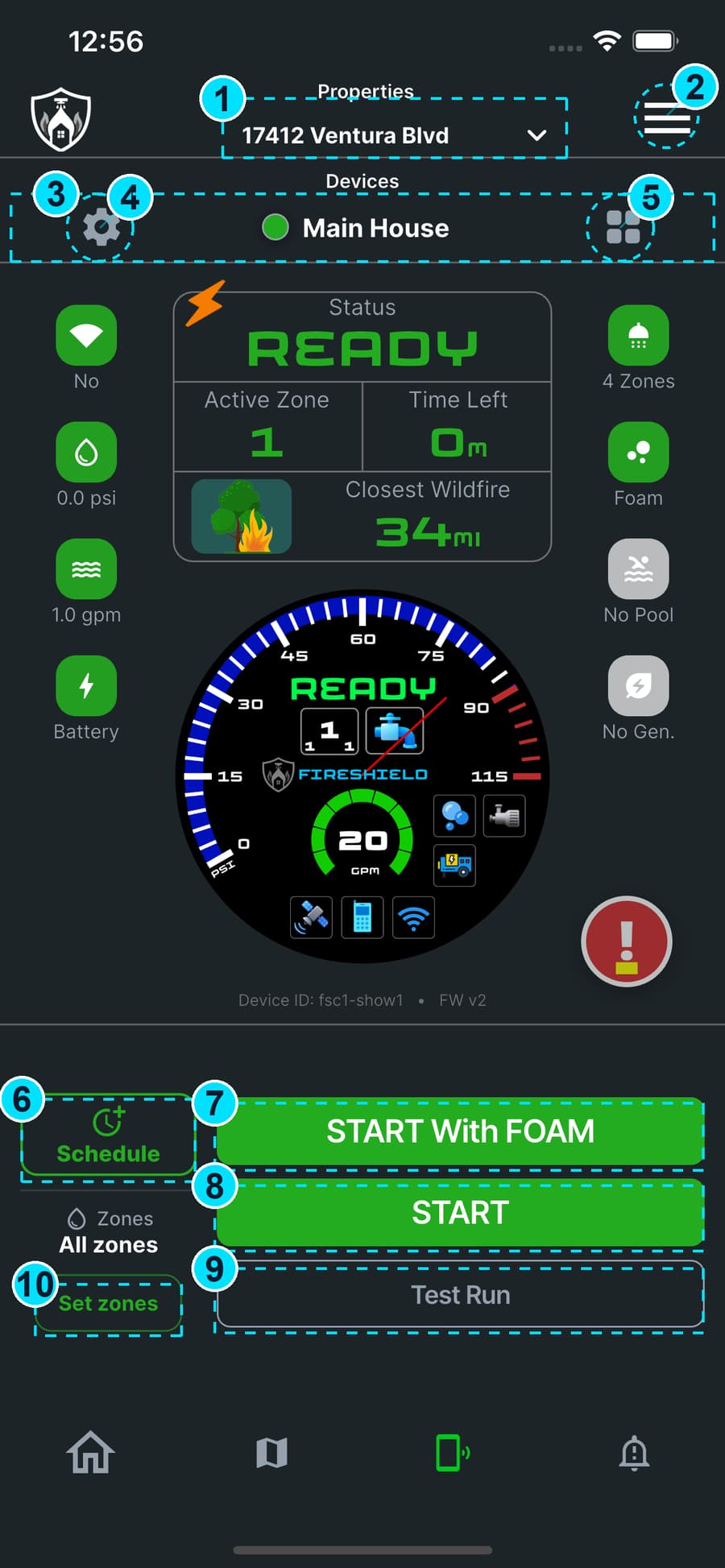 The FireShield device screen with every control numbered in cyan: the property address and menu at the top, the swipable device row with its settings and devices icons, and Schedule, START with FOAM, START, Test Run and Set zones along the bottom