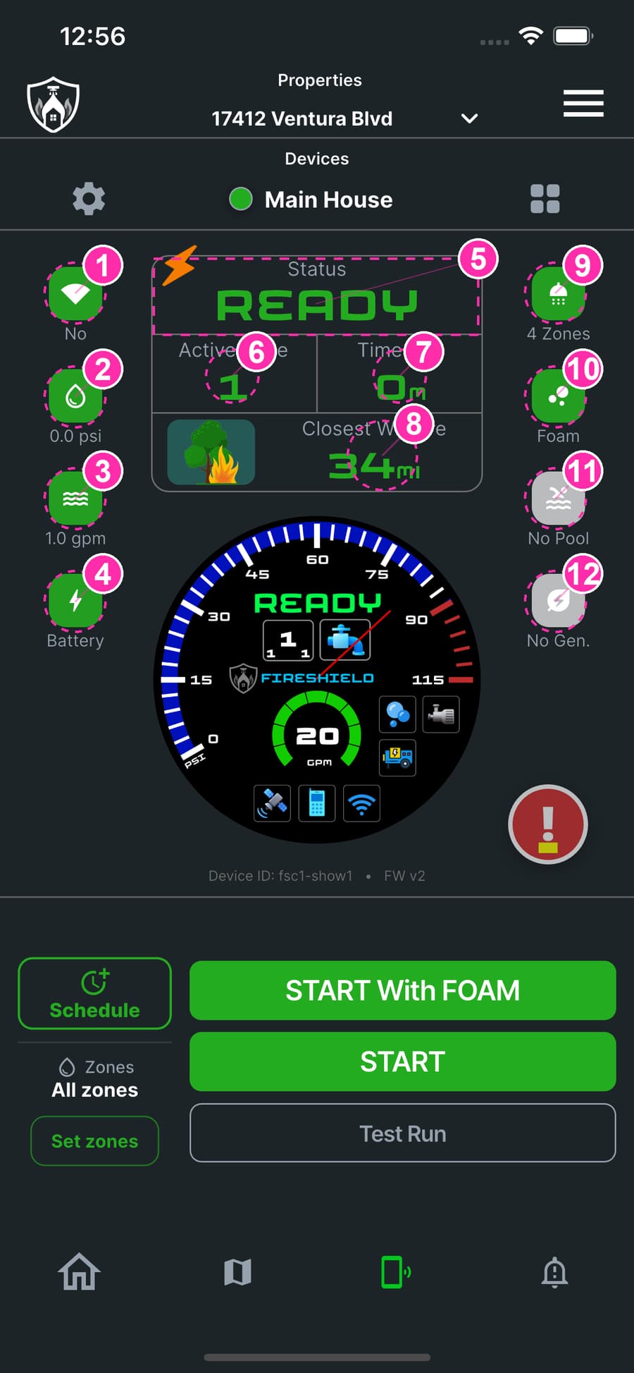 The FireShield device screen with each indicator numbered: the four tiles down each side and the status panel above