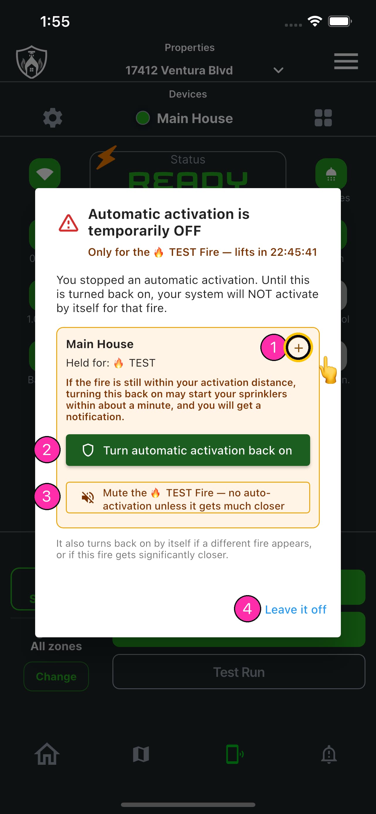 The hold notice with its controls numbered: details, turn automatic activation back on, mute this fire, and leave it off