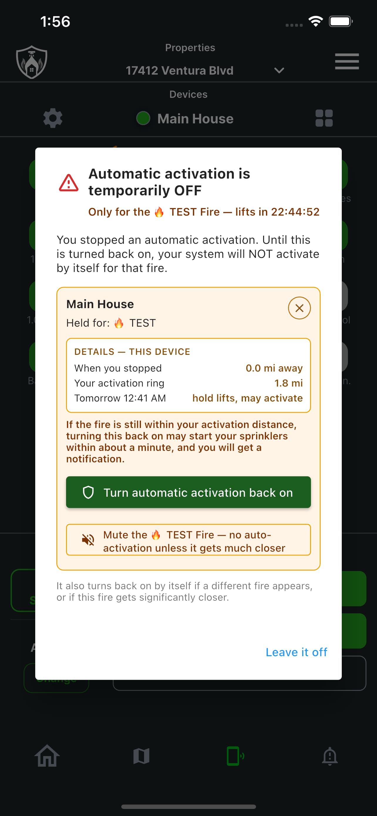 The hold notice expanded, showing the distance when stopped, the activation ring and when the hold lifts