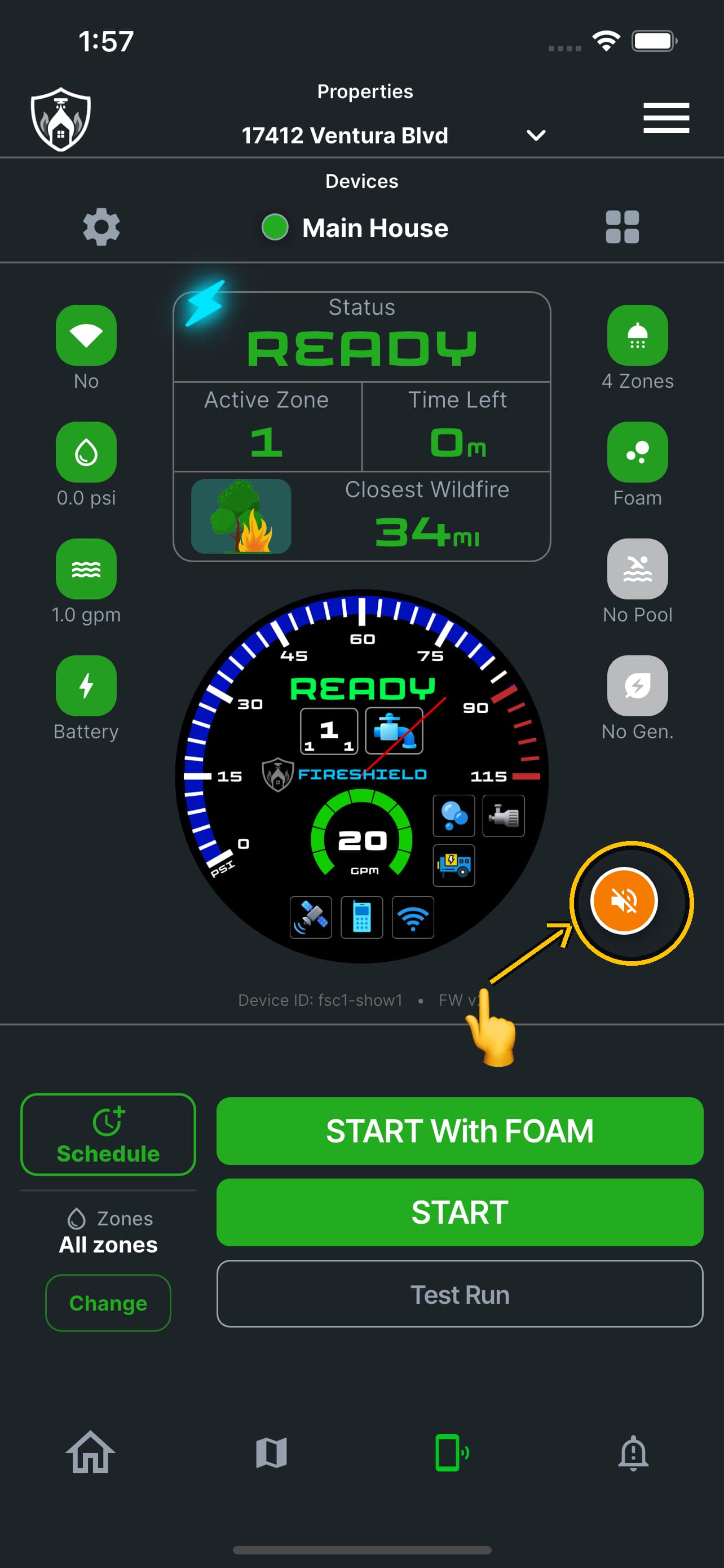 The device screen with the orange muted bell ringed and a finger about to press it
