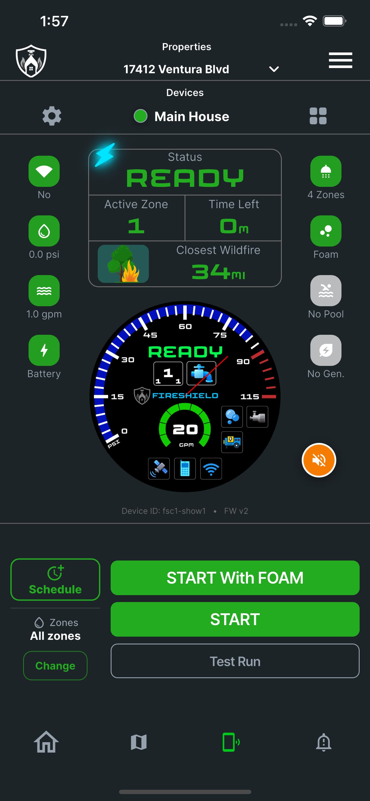FireShield device screen at READY with an orange muted bell badge