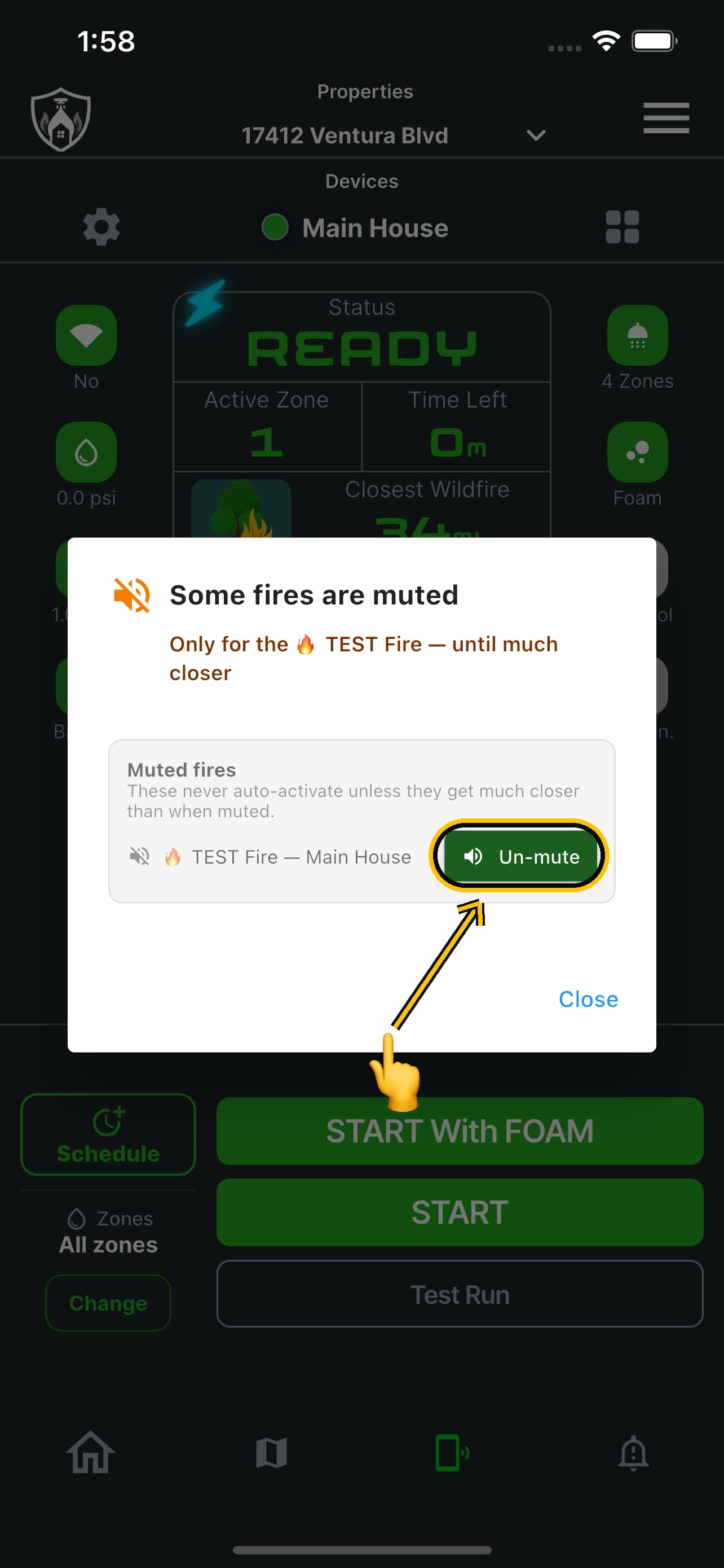 The muted fires list with the un-mute button ringed and a finger about to press it