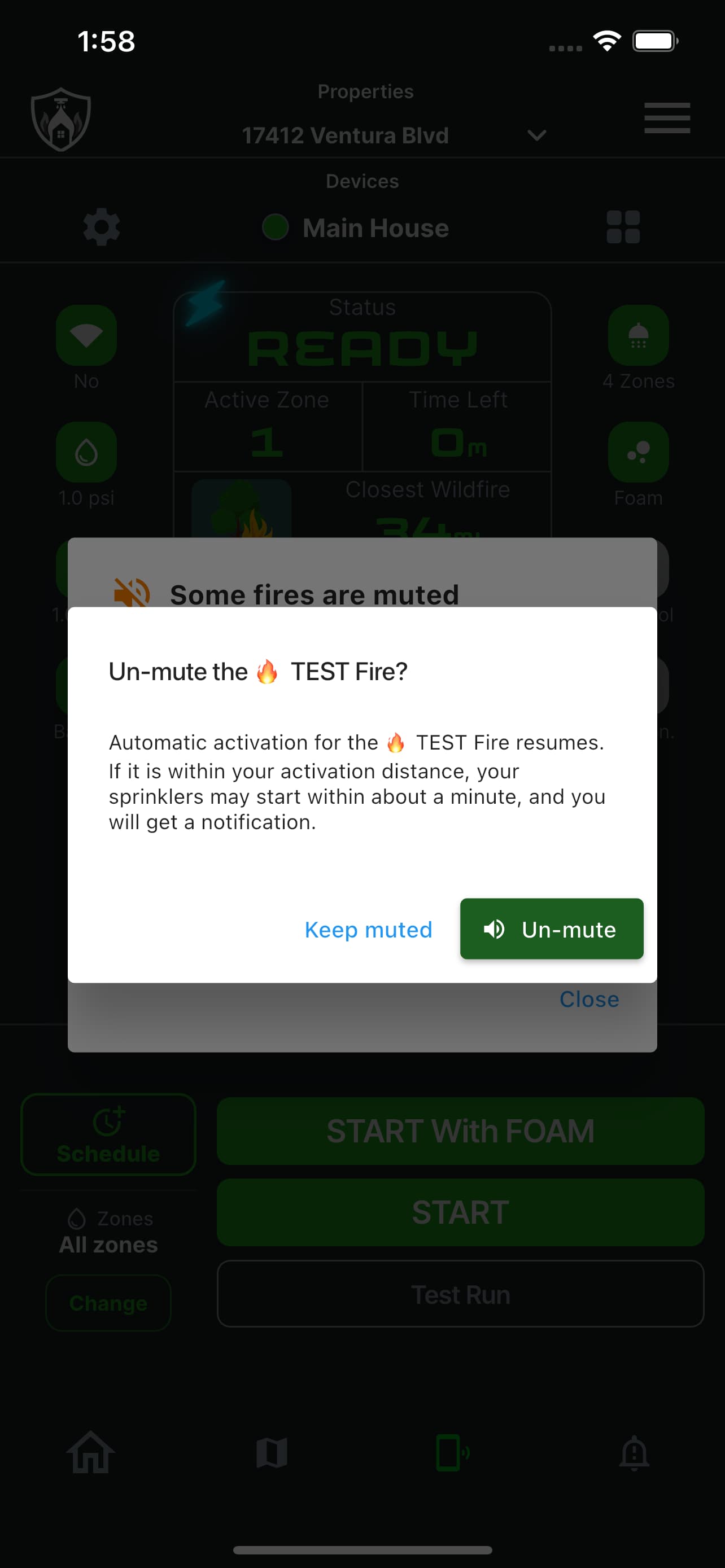 Un-mute confirmation warning that the sprinklers may start within about a minute