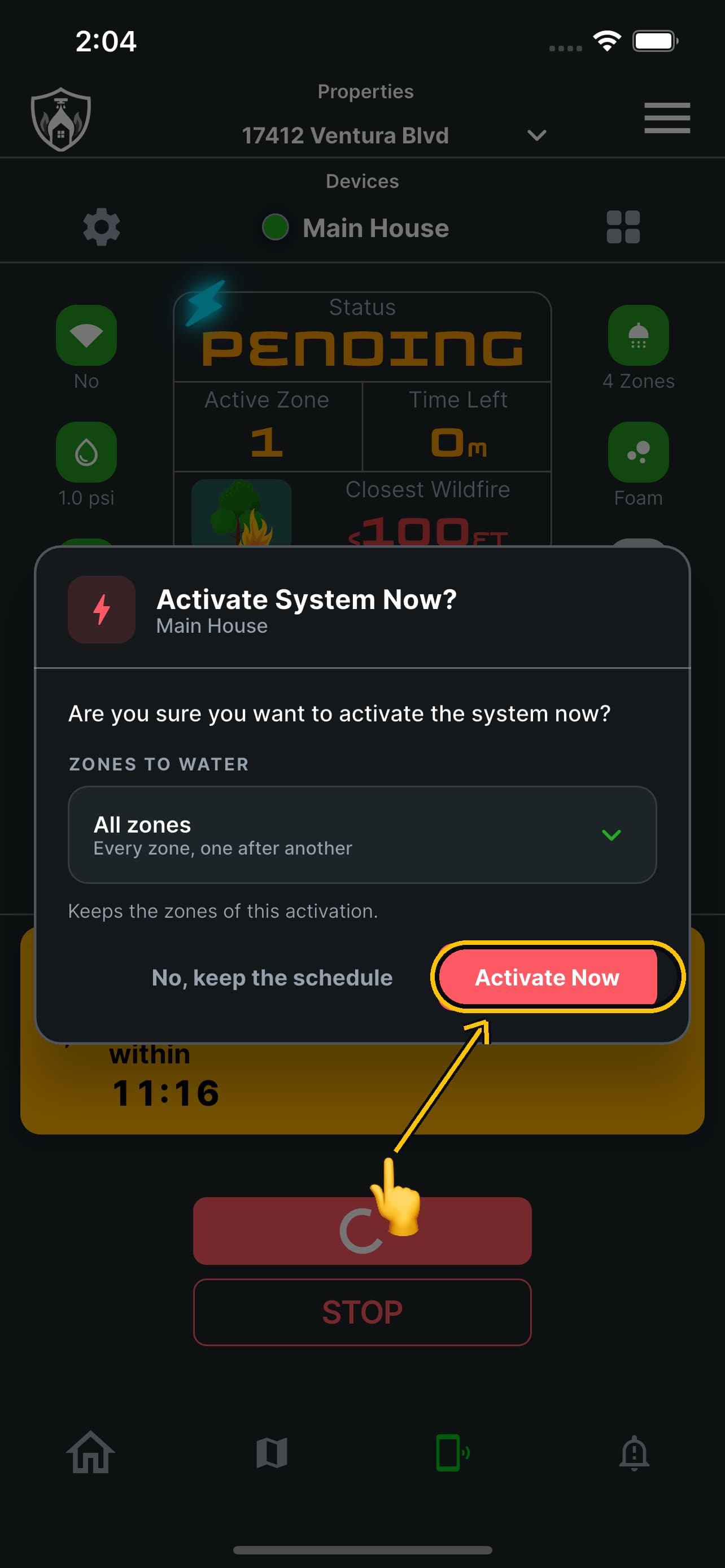 Activate System Now confirmation showing the zones to water, with the Activate Now button ringed and a finger about to press it