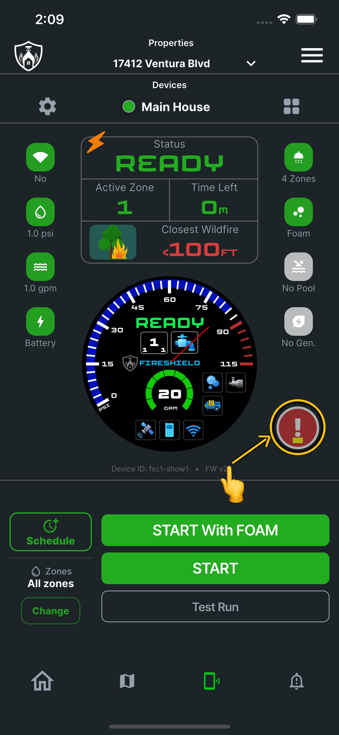 The device screen at READY with the red hold badge ringed and a finger about to press it