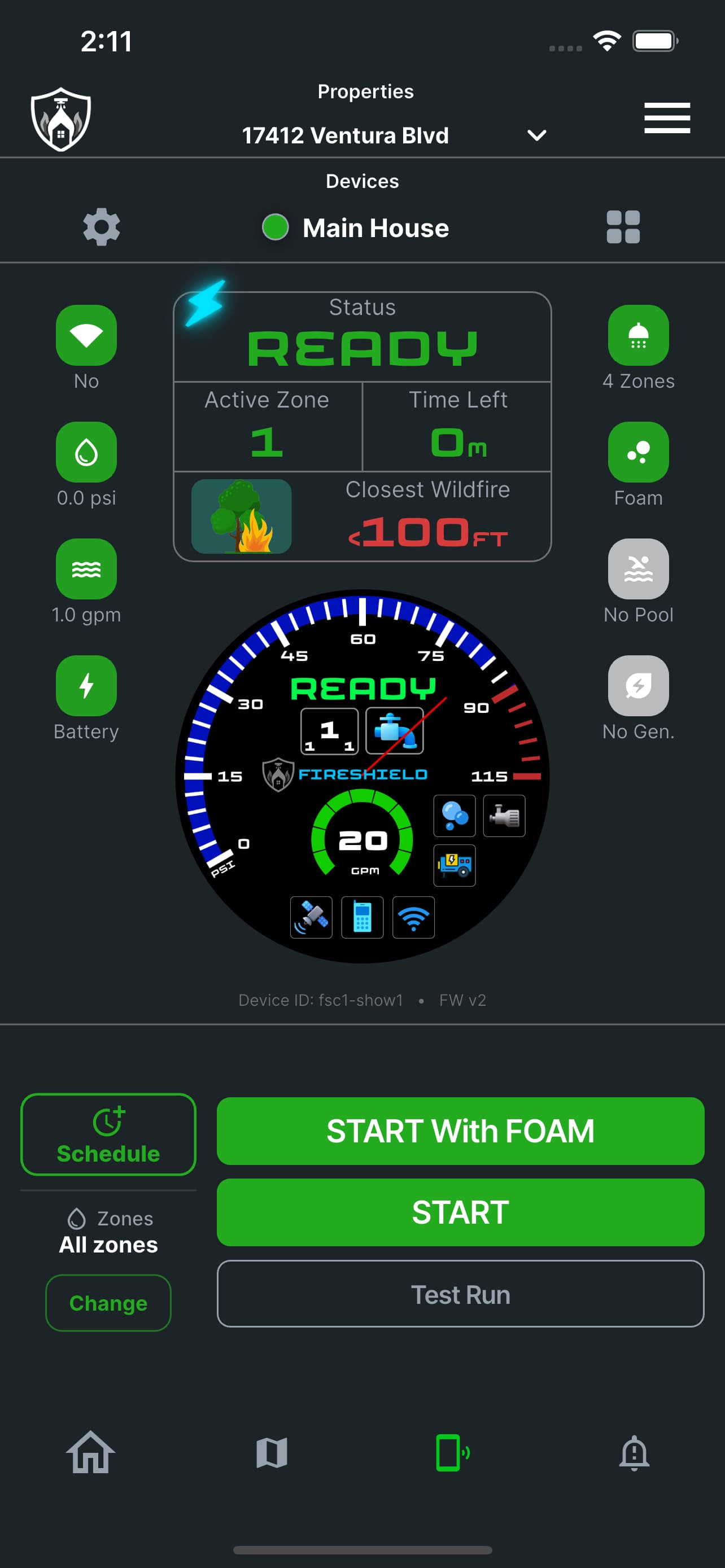 FireShield device screen at READY with no hold badge, automatic activation armed