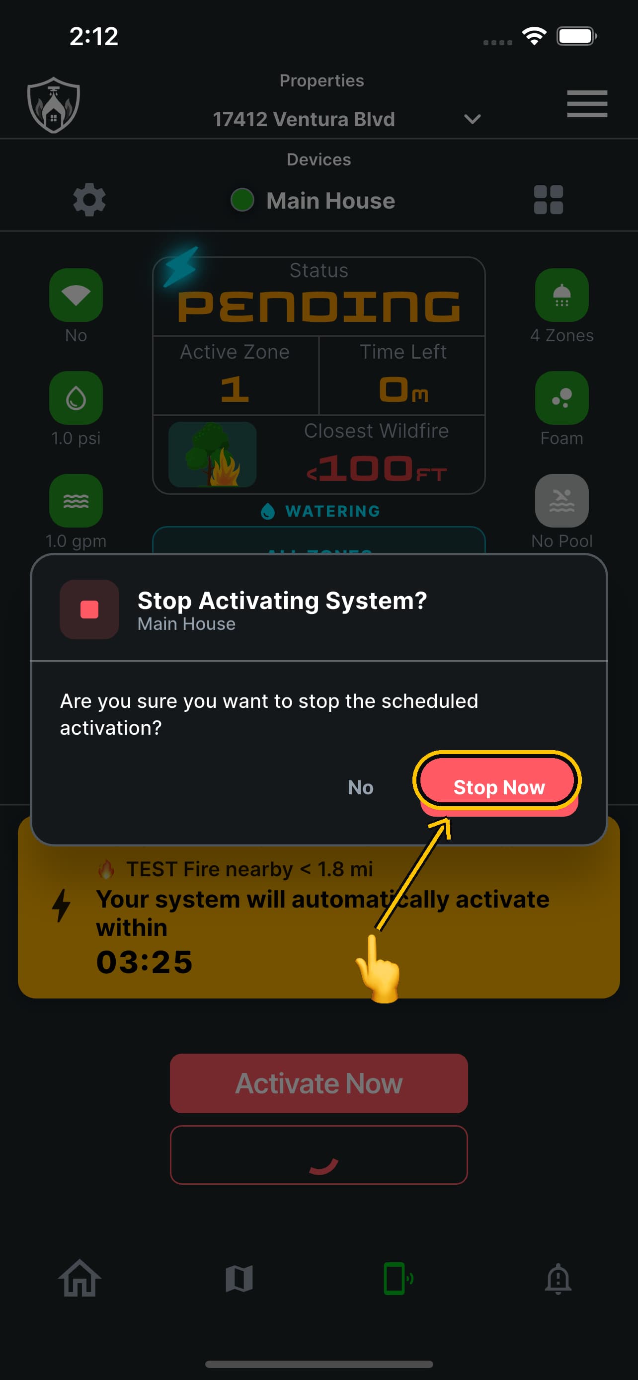 Stop Activating System confirmation with the Stop Now button ringed and a finger about to press it