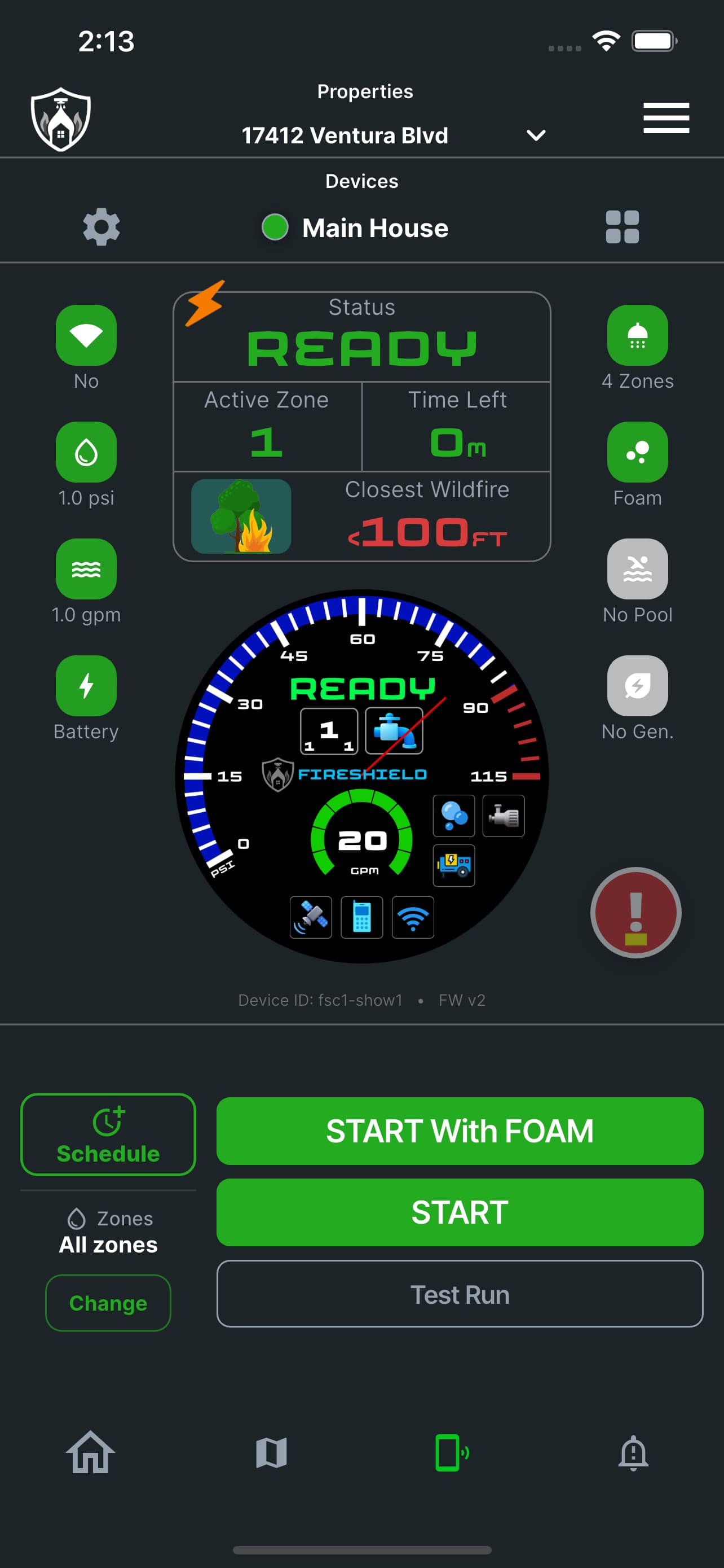 FireShield app back at READY with a red badge showing automatic activation is held