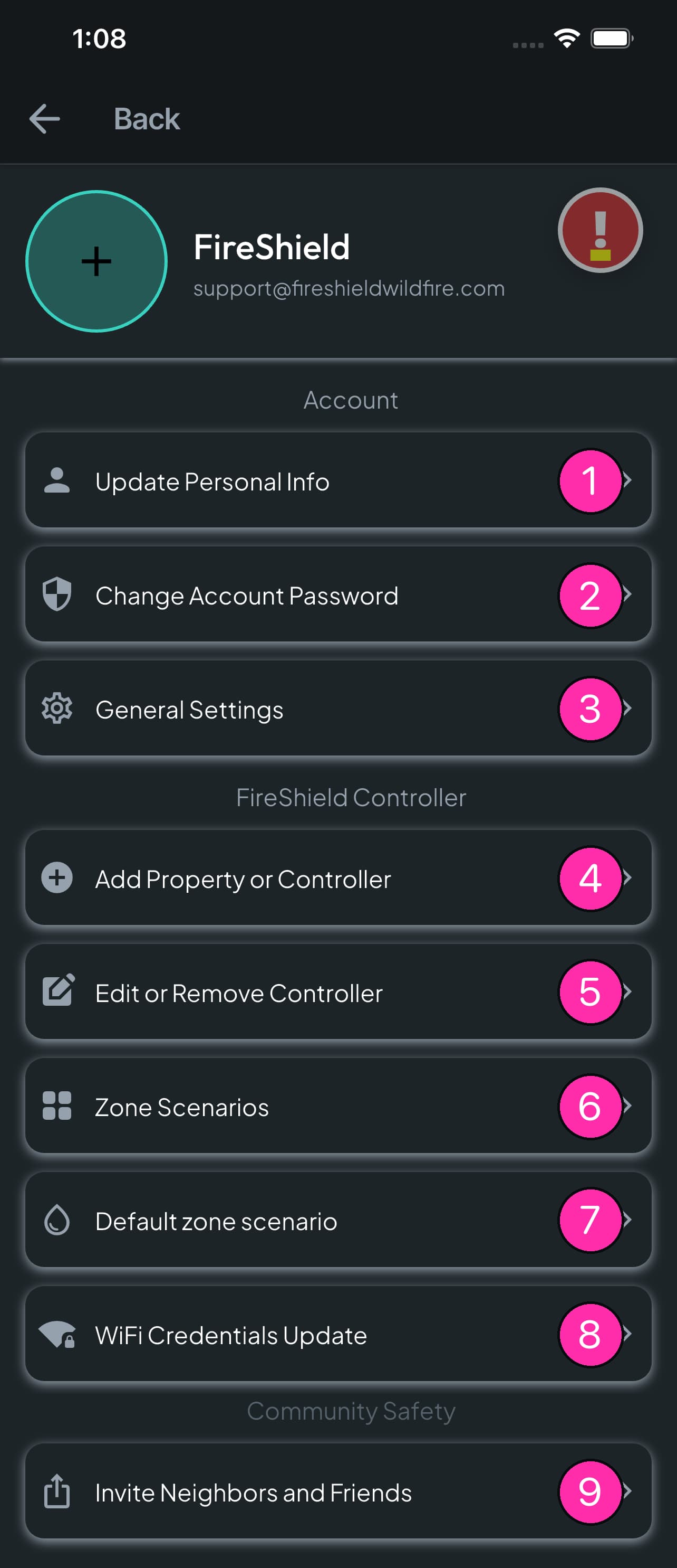 The FireShield settings menu with its nine options numbered