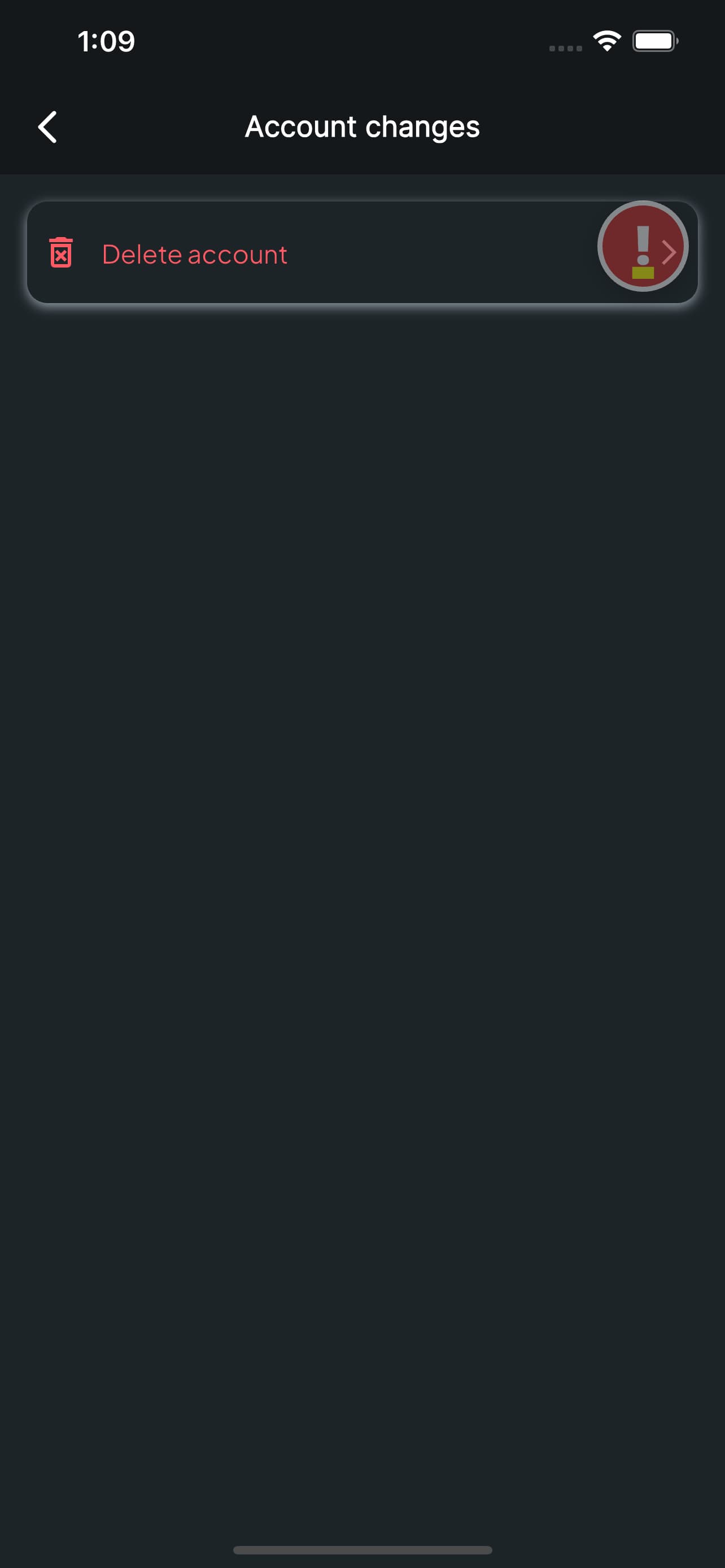 Account changes screen showing delete account