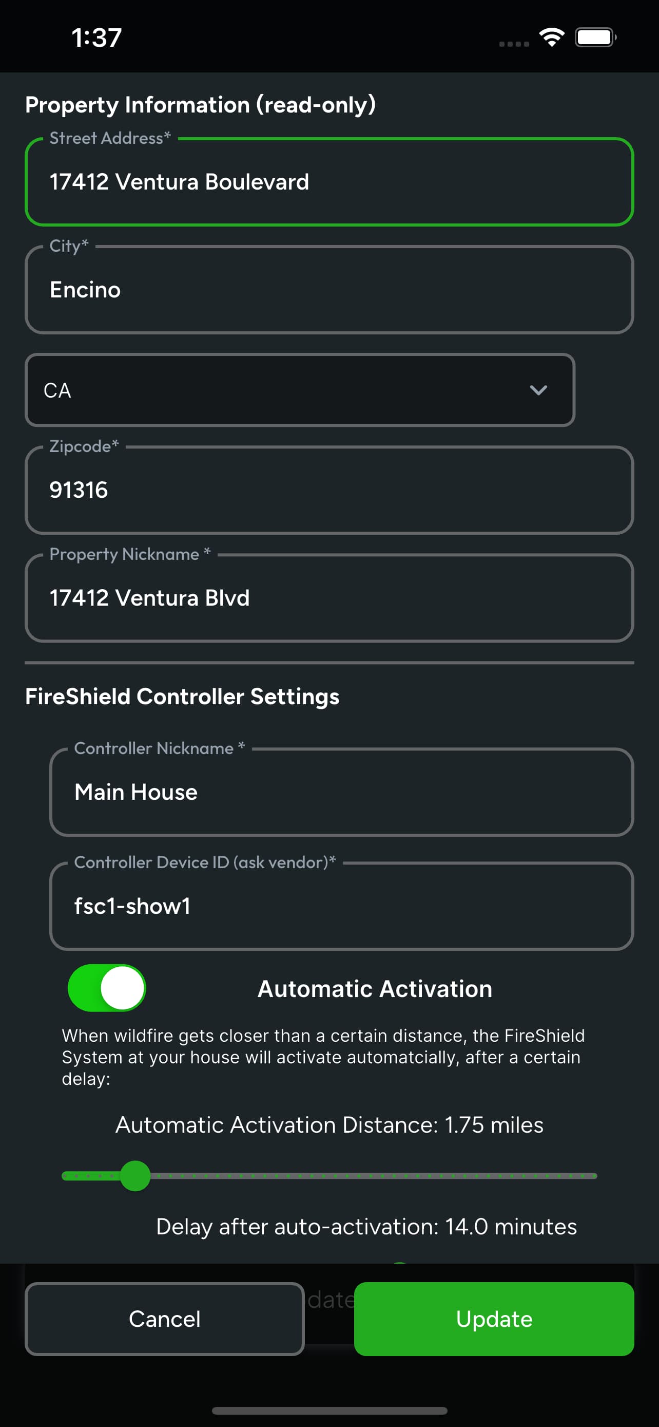 Edit controller form showing the address, controller nickname and device ID