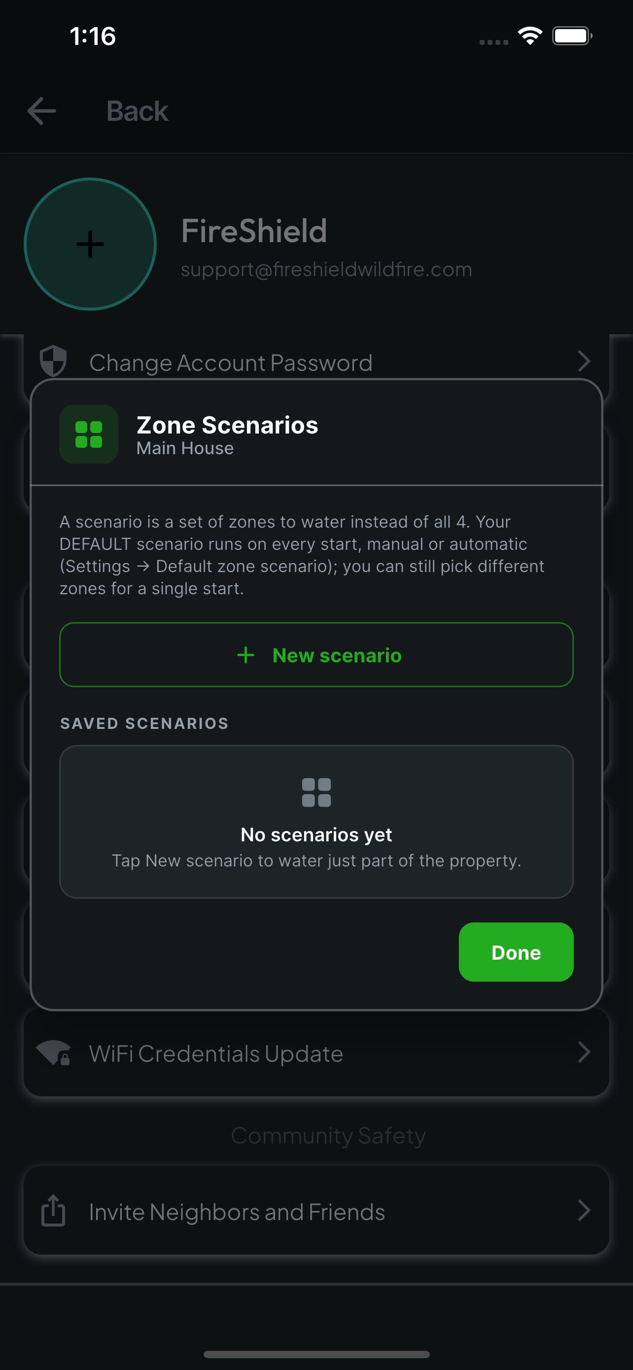 Zone scenarios screen
