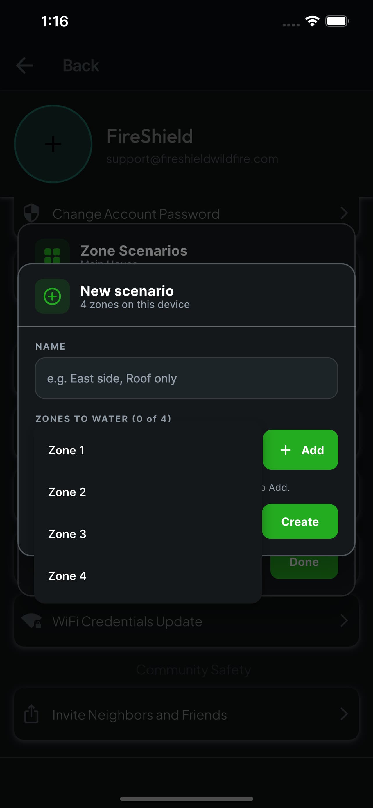 Zone picker open showing zones 1 to 4