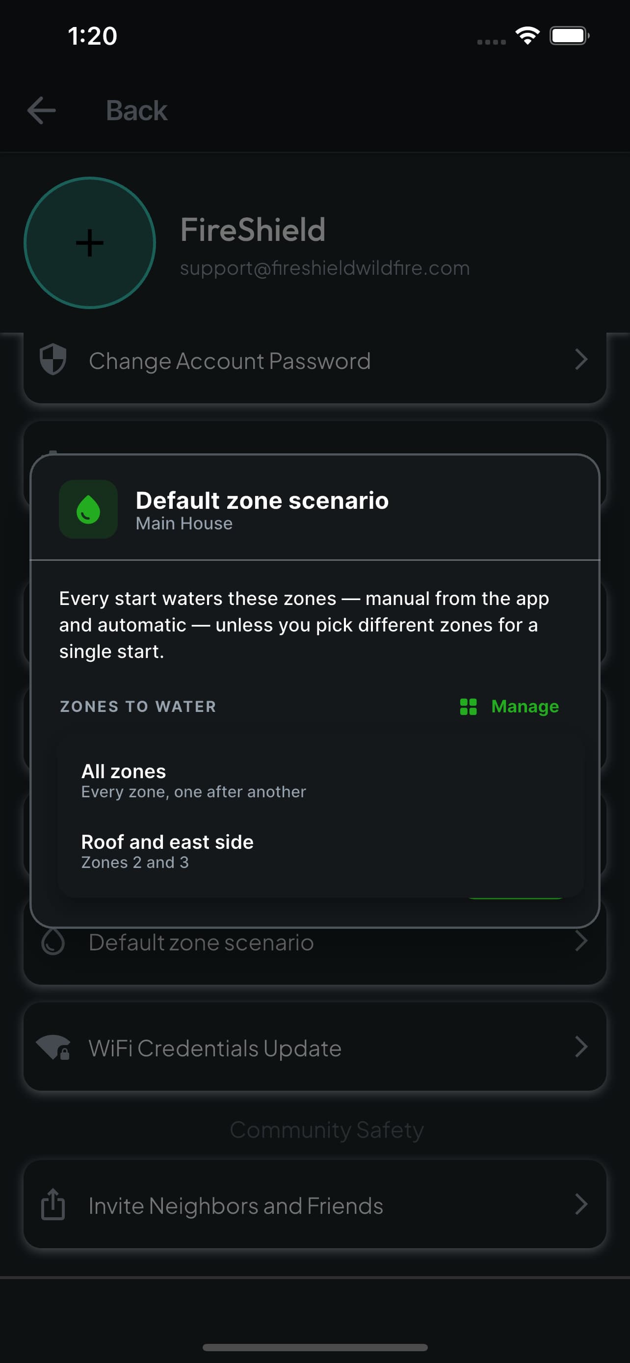 Default zone scenario picker open