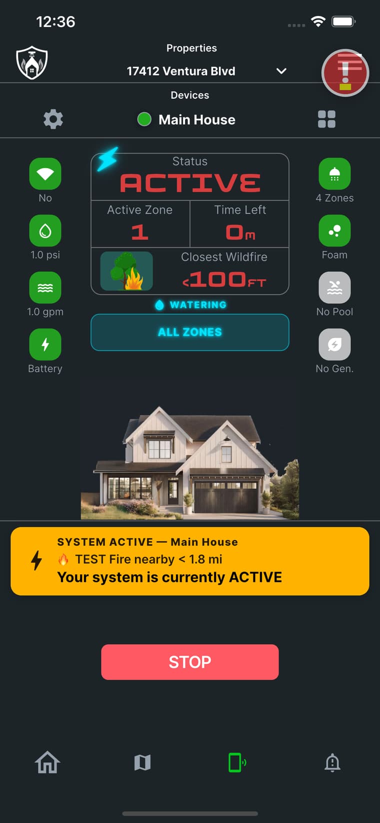 FireShield app showing status ACTIVE in red with a house being sprayed and a STOP button