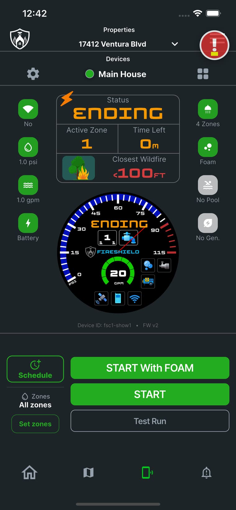 FireShield app showing status ENDING in orange while the system drains