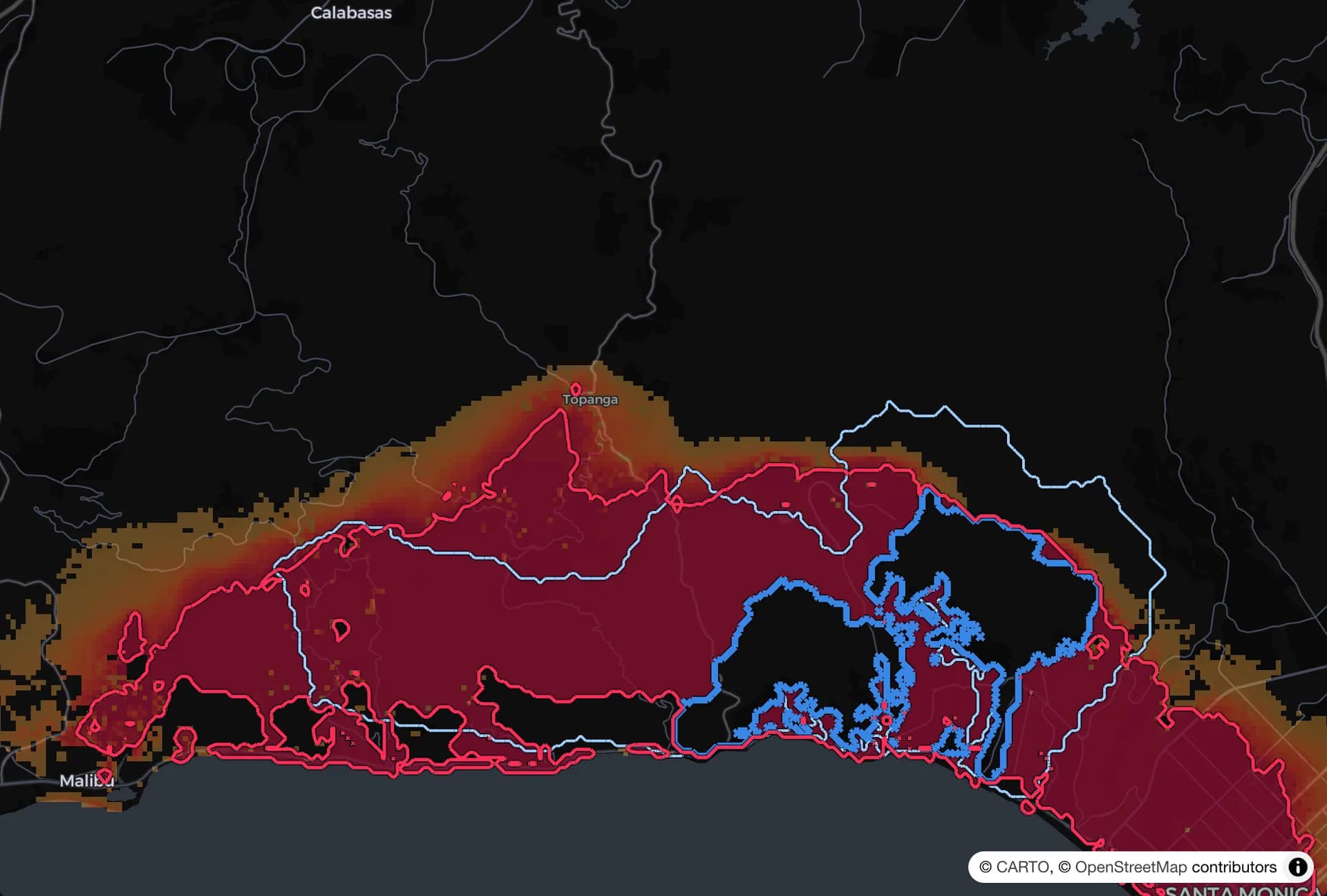 Overnight forecast: the red predicted line far ahead of the blue fire line, reaching west toward Malibu