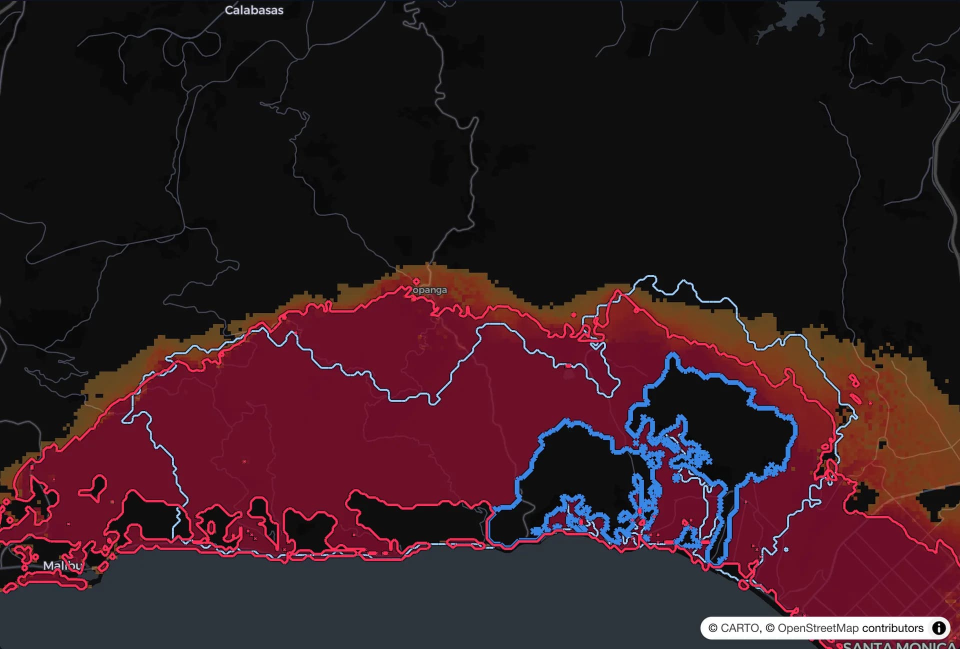 Next-morning forecast: the red predicted line around the area the fire went on to burn