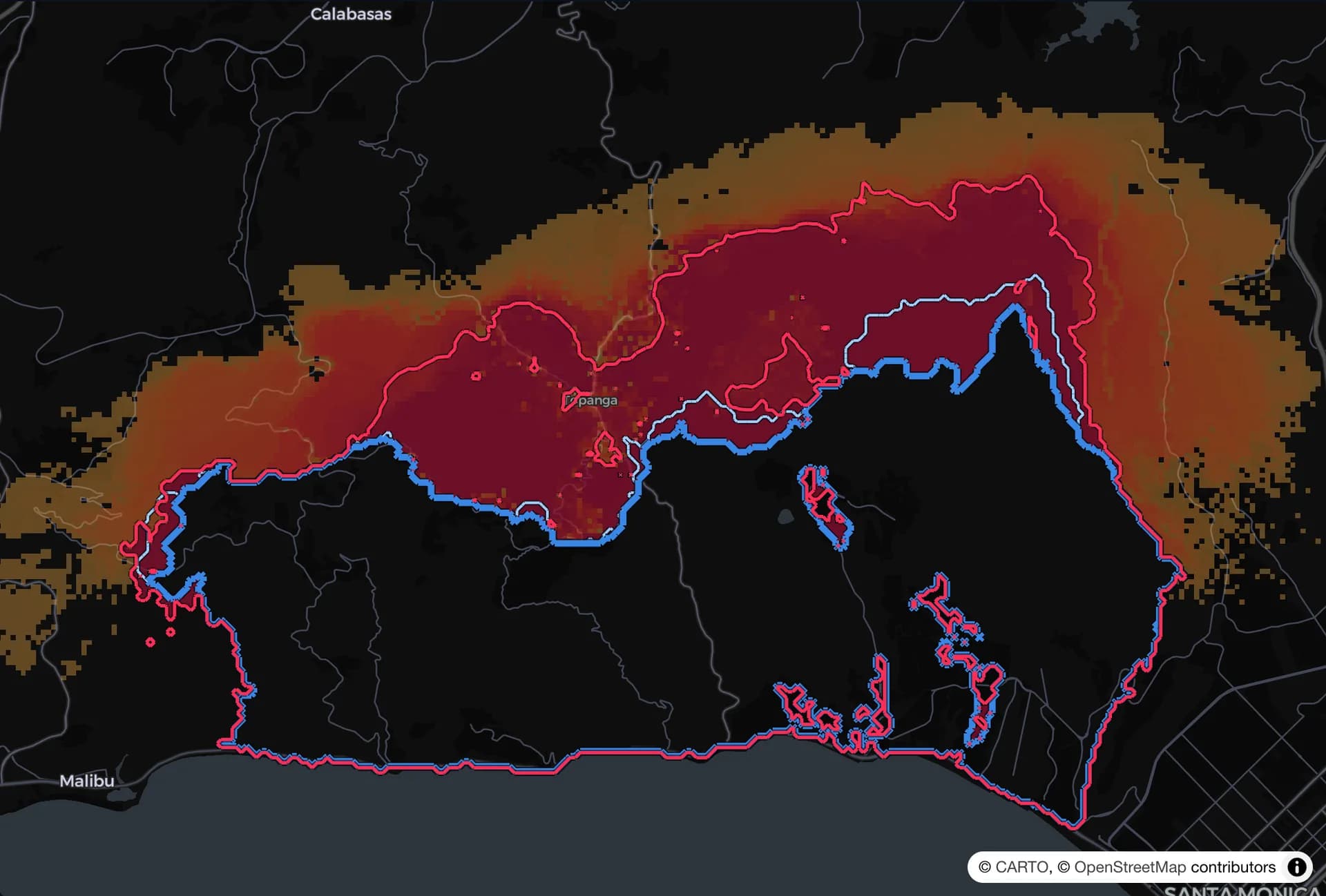 Day-three forecast: the red line hugging the blue fire line, with the remaining danger to the north