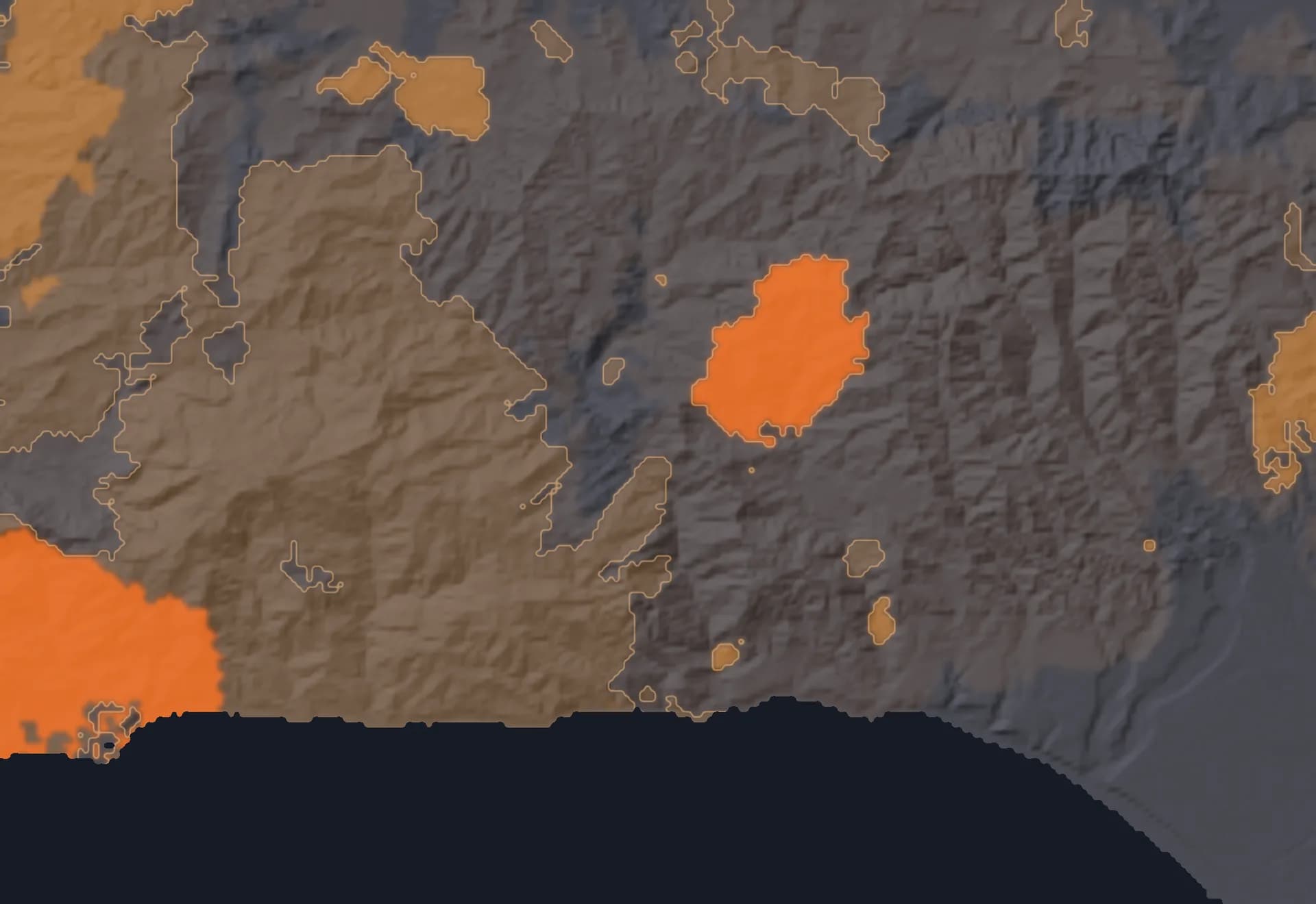Map of past wildfire scars on the terrain, recent ones glowing brighter