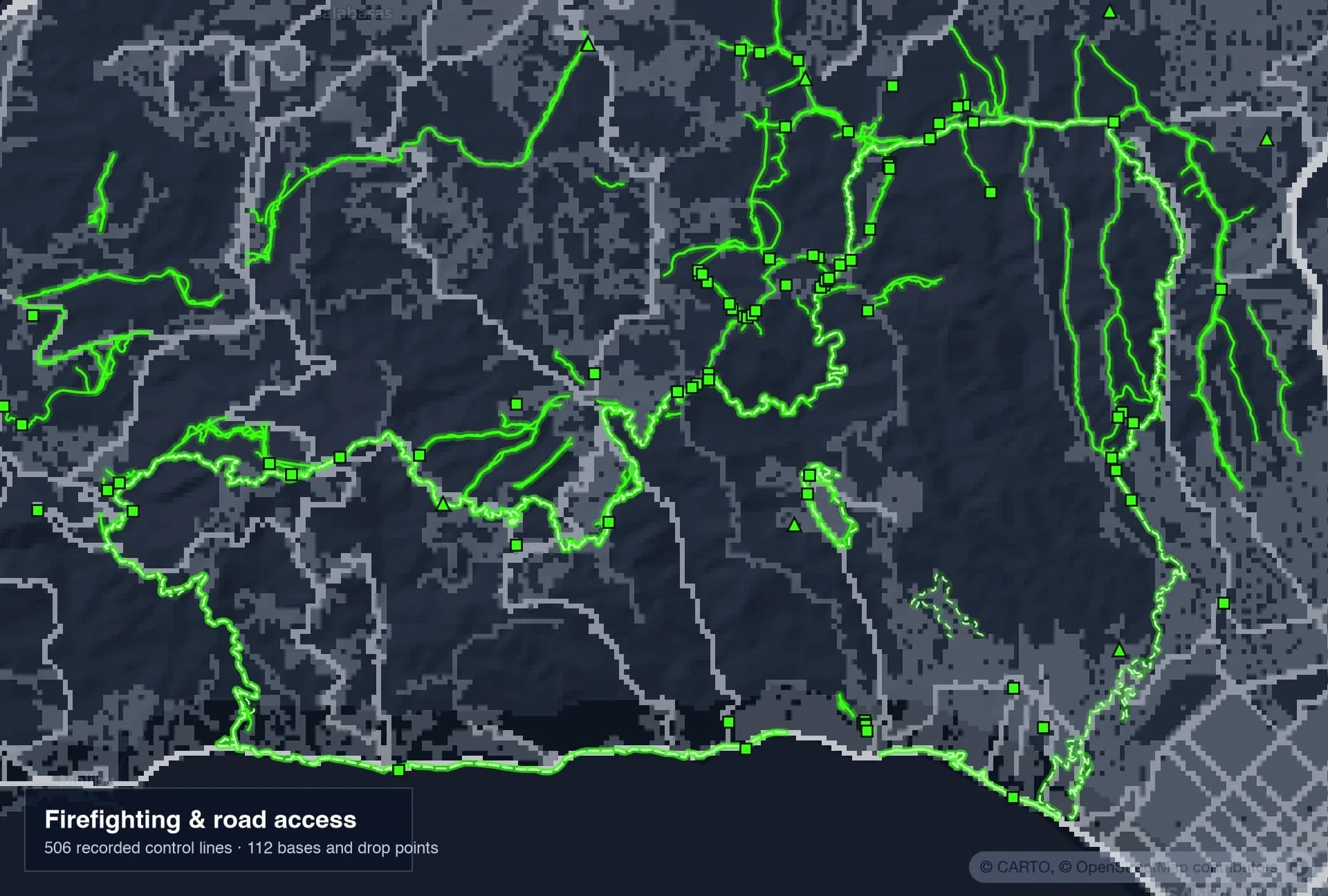 Map of recorded firefighting control lines and bases in neon green over the road network