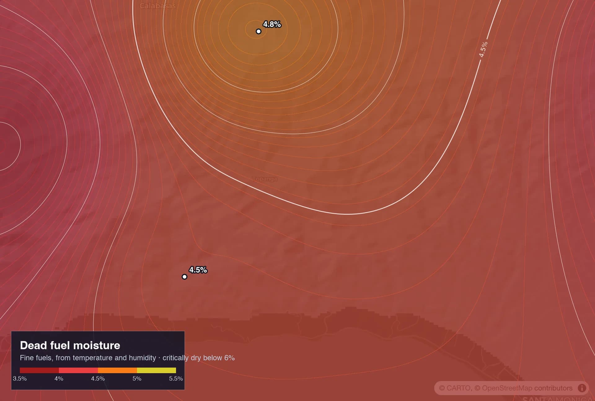 Contour map of dead fuel moisture, deep red where the fuels are driest