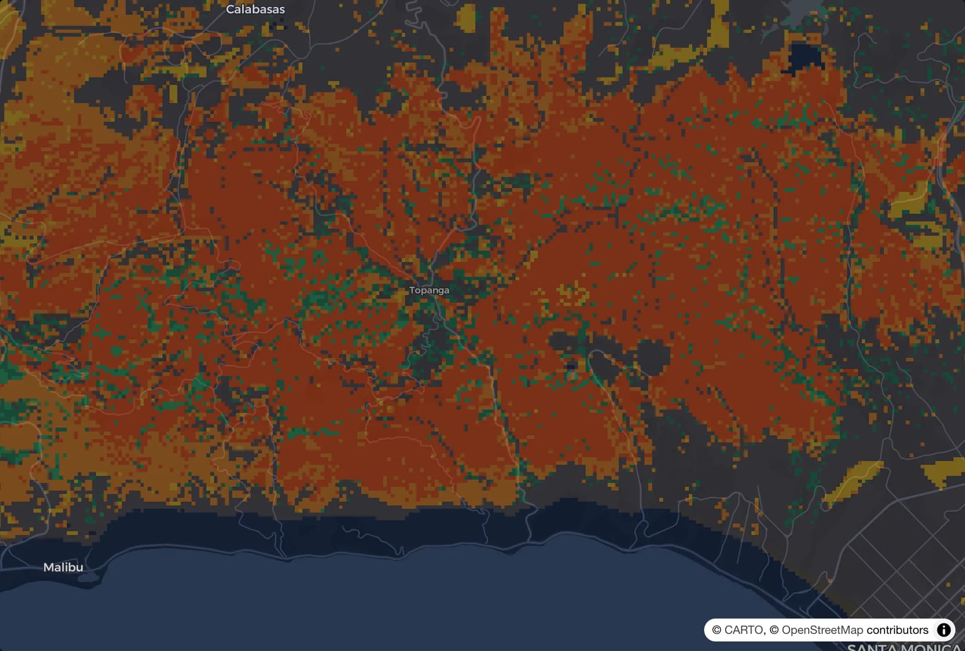 Map of the Santa Monica Mountains colored by vegetation, dense brush in orange