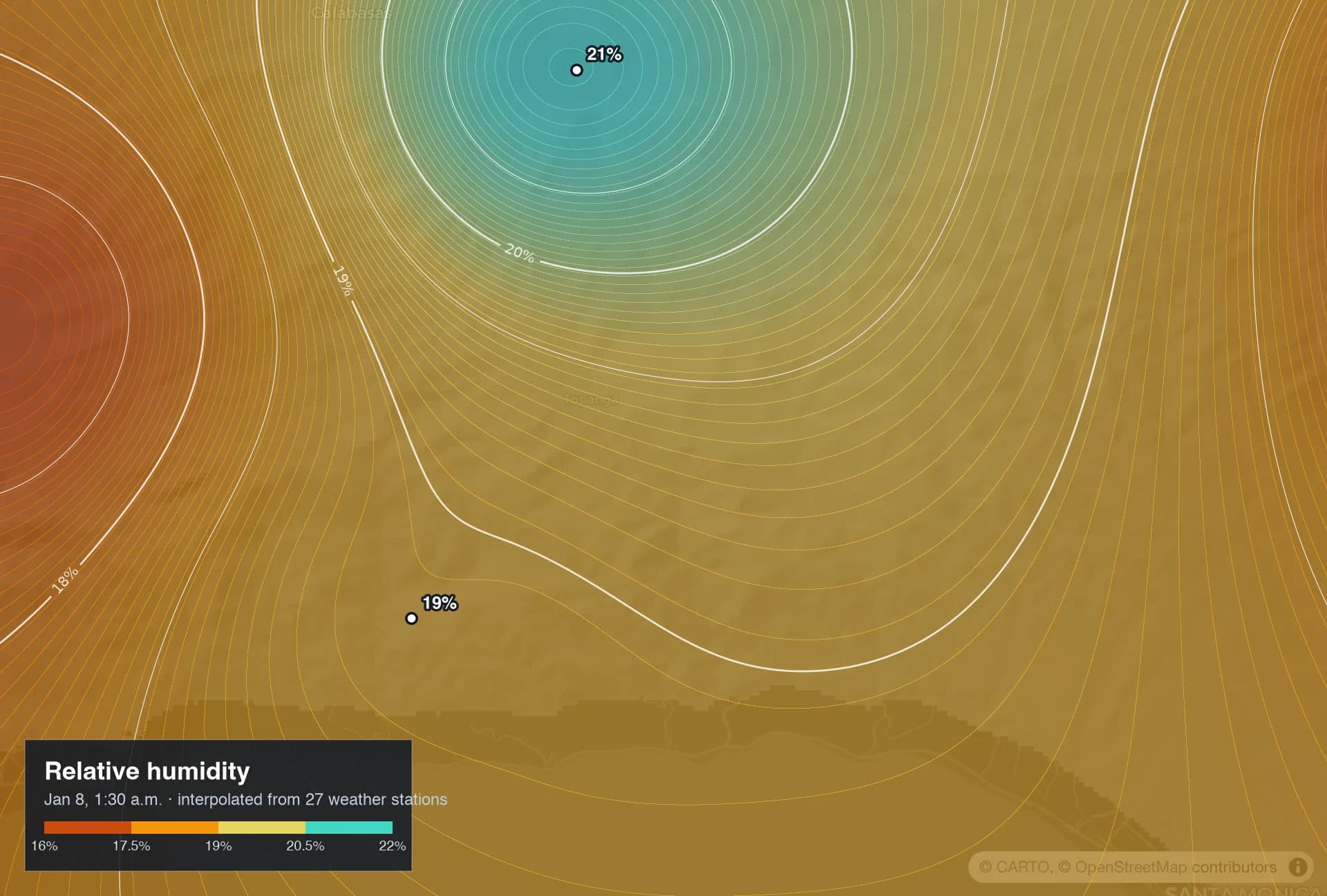 Contour map of relative humidity across the Santa Monica Mountains with weather-station readings