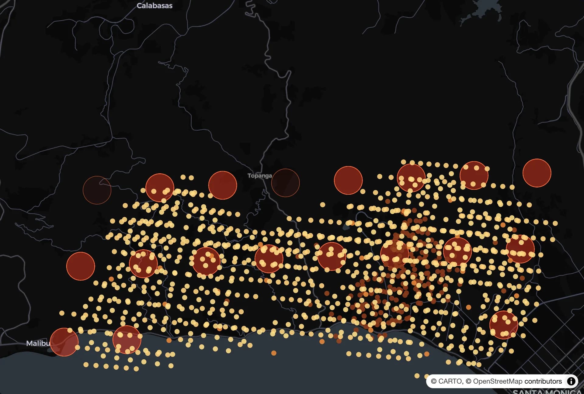 Satellite heat detections over the burning area, large and small markers