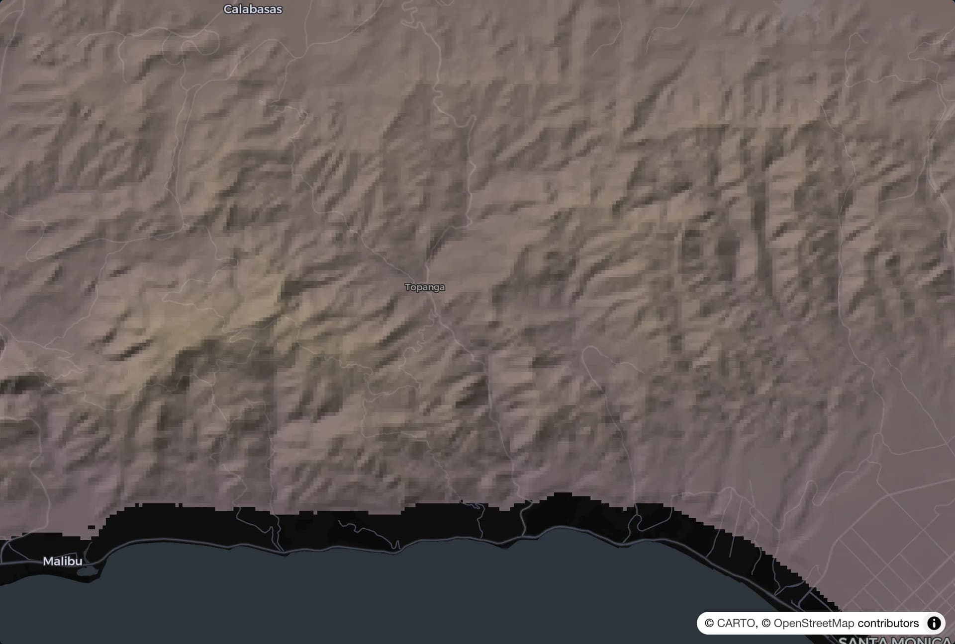 Shaded relief map of the ridges and canyons above Pacific Palisades and Malibu
