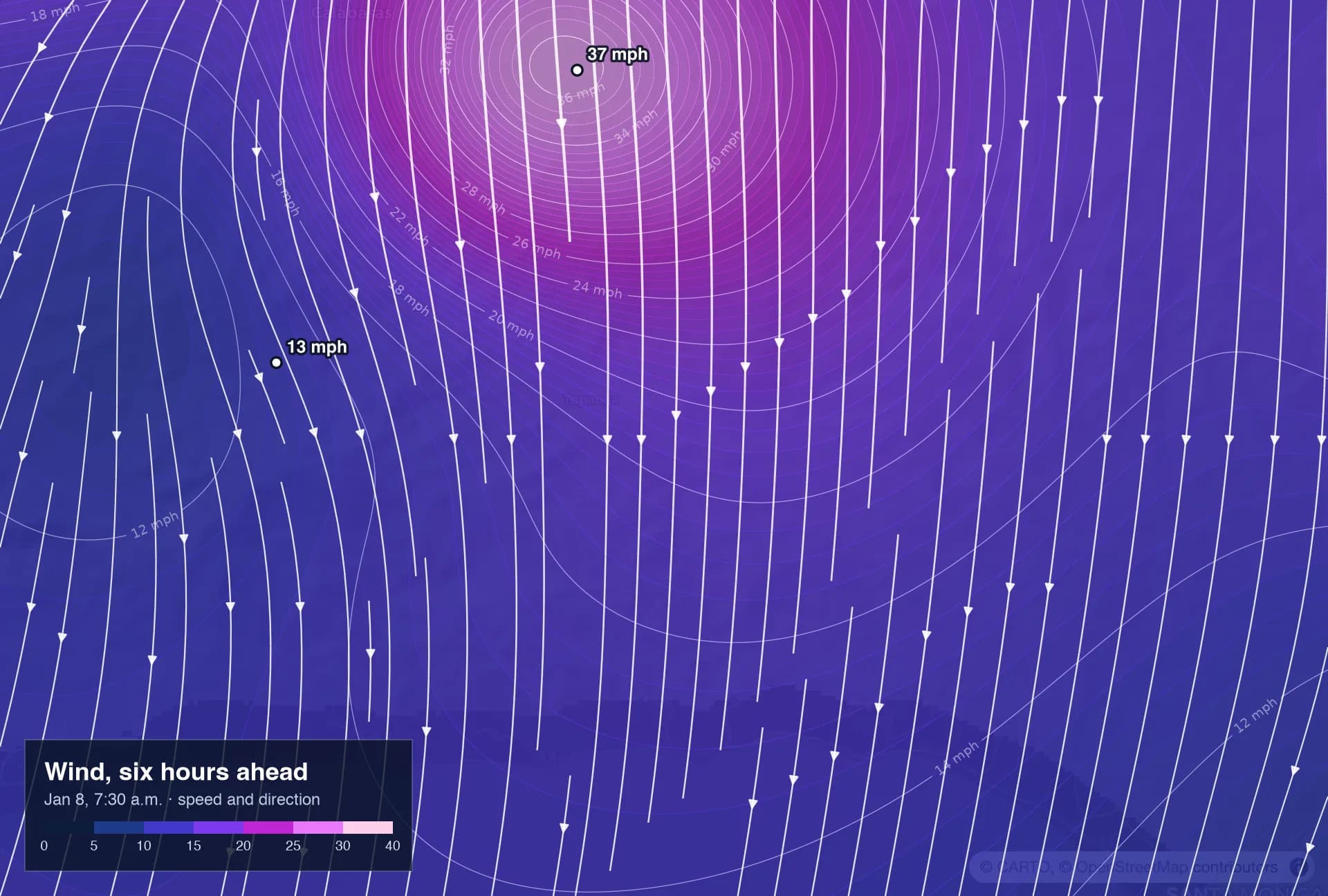 Map of wind speed contours and streamlines six hours ahead