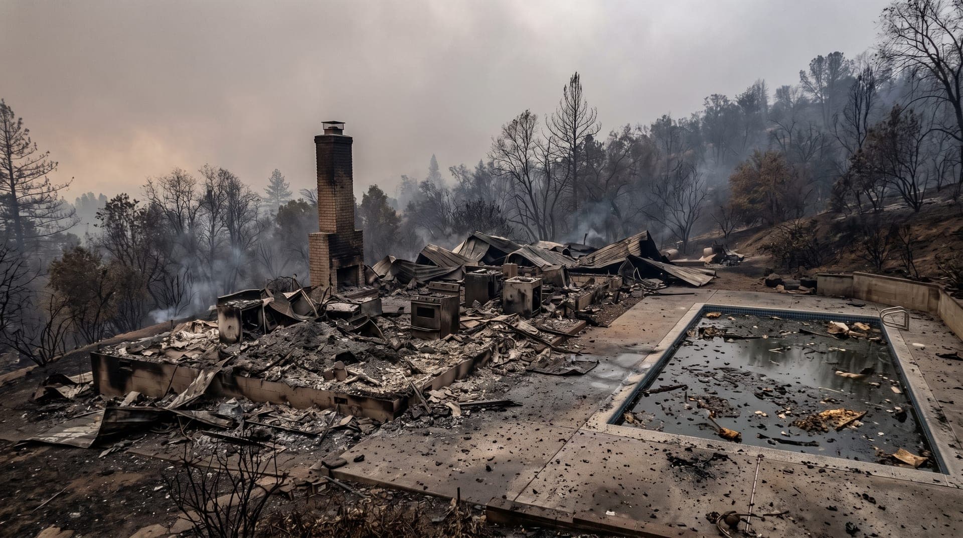 The morning after a wildfire: the charred remains of a home and its chimney, with the backyard pool still full of ash-grey water