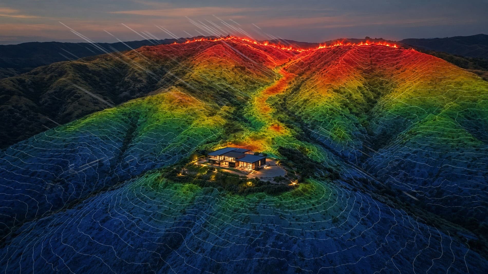 Hill terrain at dusk with a wildfire burning along the ridge line. A risk surface is painted onto the ground and follows the topography — red along the ridge and down the canyon that runs toward the property, cooling through yellow and green to deep blue on the flanks — with a lit house at the foot of the canyon