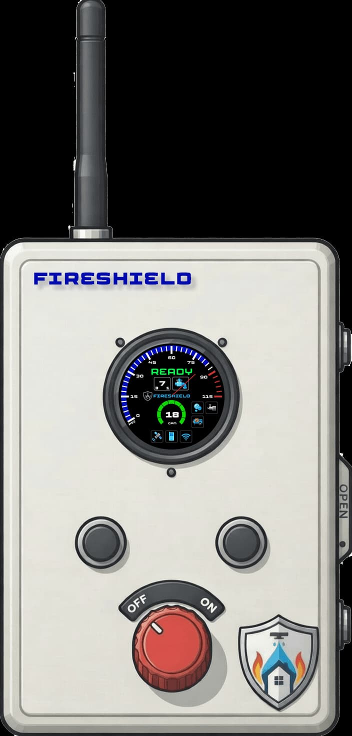 The FireShield Defense Core control unit with its external antenna, gauge display reading READY, control buttons and red OFF/ON selector.